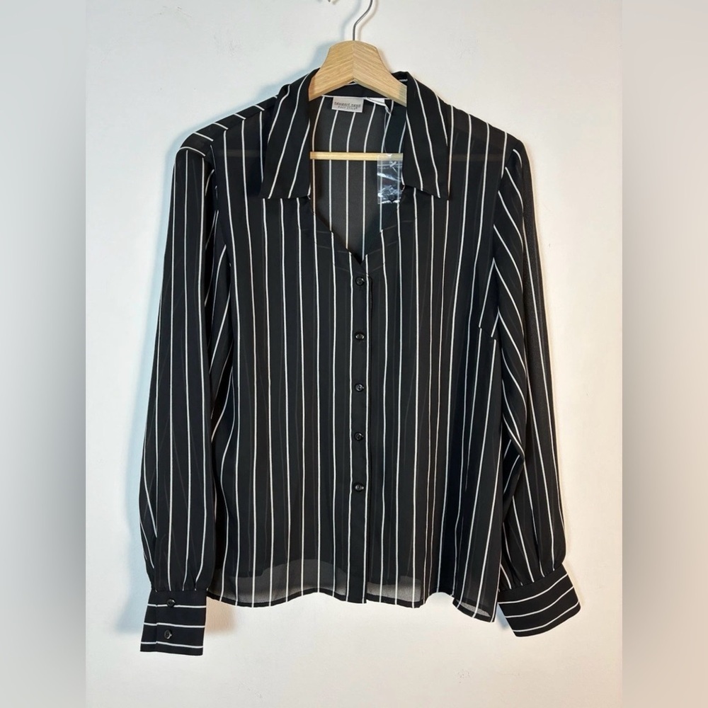Vintage Newport News Shirt Women 14 Pinstripe Black White Striped Chiffon Sheer